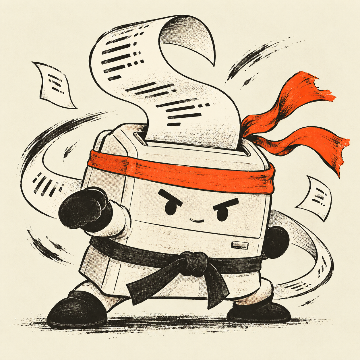 BRRFU, a little receipt printer in a red headband and black belt, striking a kung fu pose